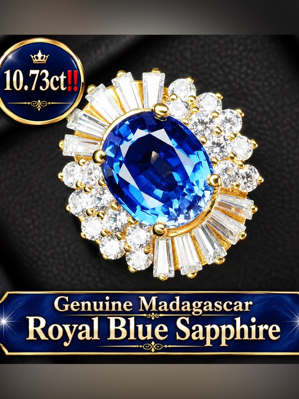 24k Royal Blue Sapphire Ring 10.86ct.  Yellow Gold on Silver size 7.75 or 8